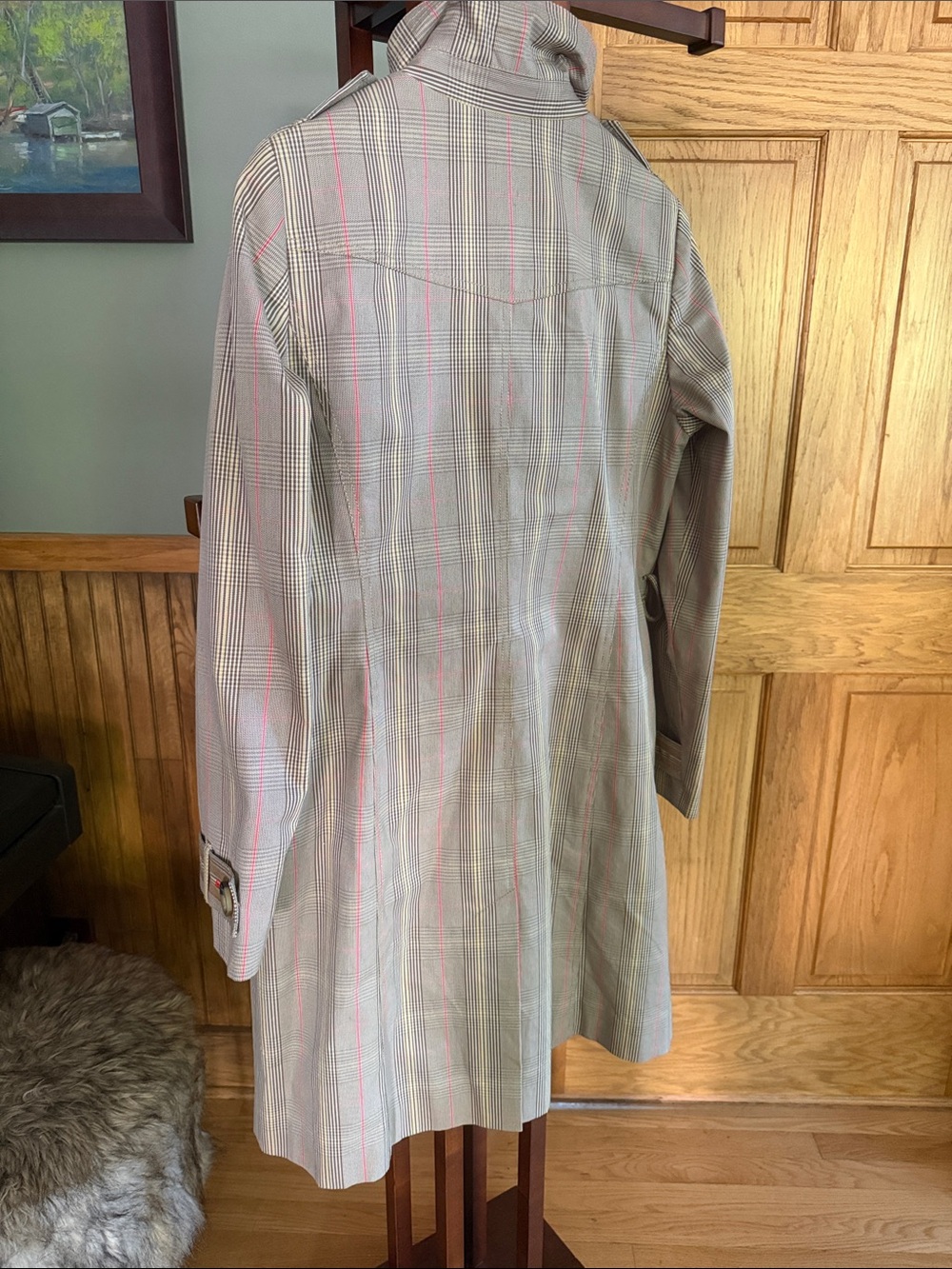 Boden Beige Plaid Trench with Pink Stripe - Picture 3 of 5